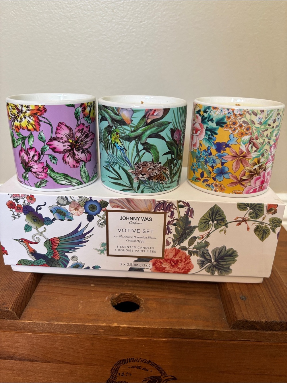 NEW Johnny Was Floral Votive Candle Trio - White with Botanical Box
